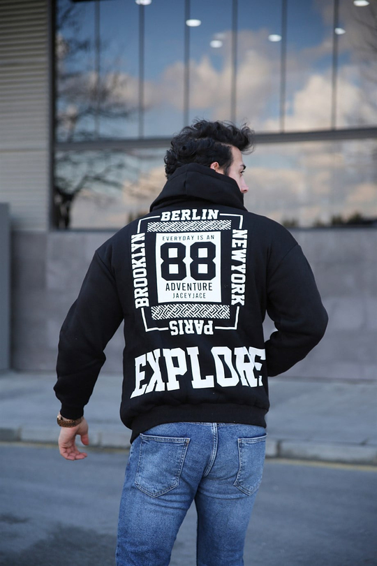 SWEATSHİRTErkek 3 İplik Siyah Fallow Sırt  Baskılı Kapşonlu Sweatshirt 