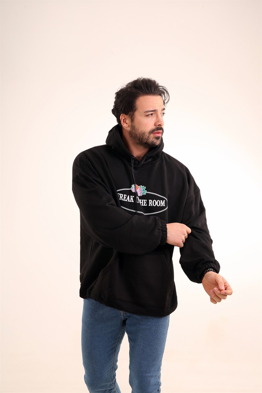 SWEATSHİRTErkek 3 İplik Siyah Freak İn The Room Baskılı Kapşonlu Sweatshirt