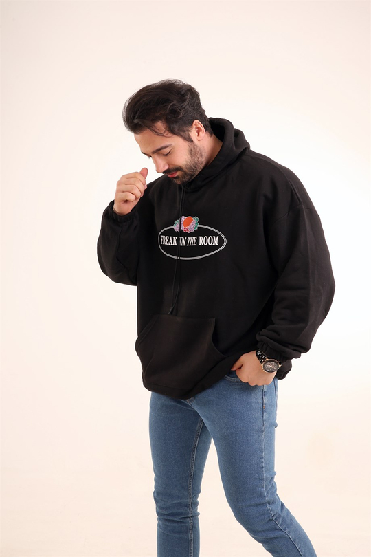 SWEATSHİRTErkek 3 İplik Siyah Freak İn The Room Baskılı Kapşonlu Sweatshirt