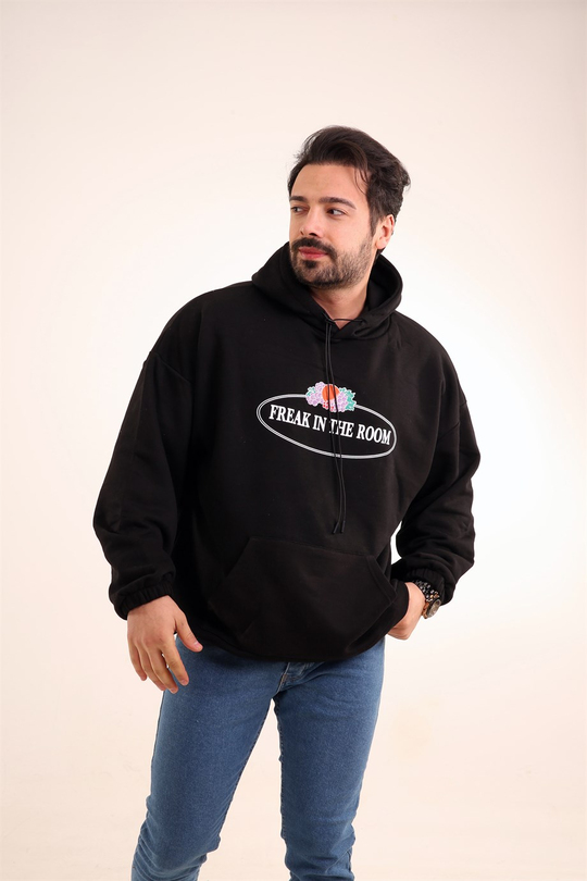 SWEATSHİRTErkek 3 İplik Siyah Freak İn The Room Baskılı Kapşonlu Sweatshirt