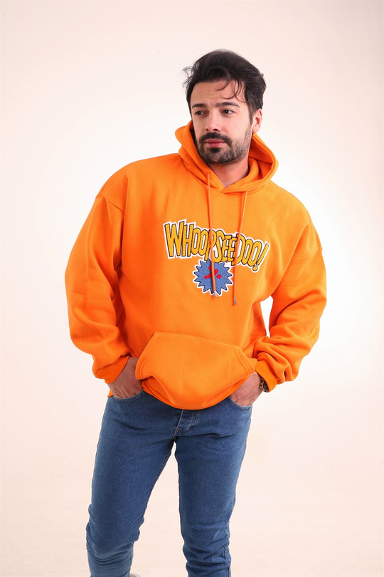 SWEATSHİRTErkek 3 İplik Turuncu Whoopseeddoo Baskılı Kapşonlu Sweatshirt 