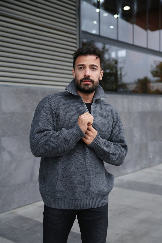 SWEATSHİRTErkek Antrasit Yakalı Fermuarlı Örme Kazak PNCH