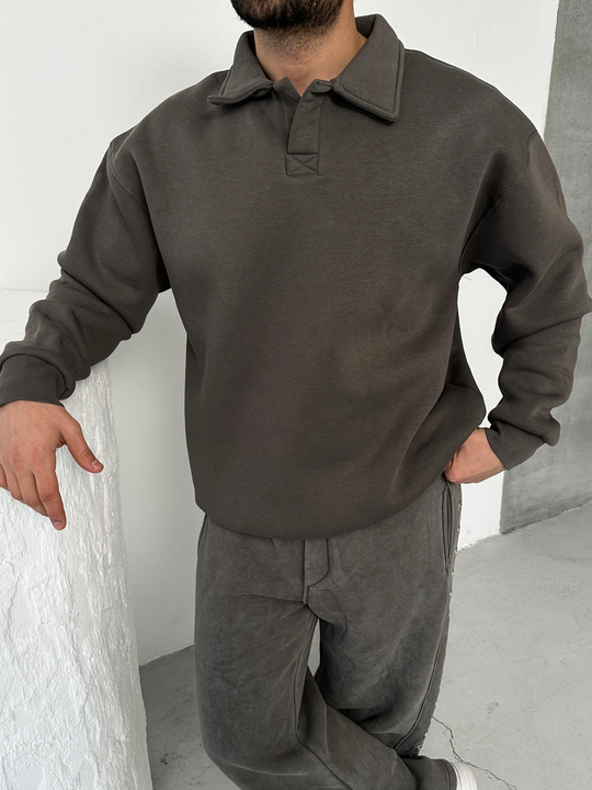 SWEATSHİRTFüme 3 İplik Oversize Polo yaka PLZ
