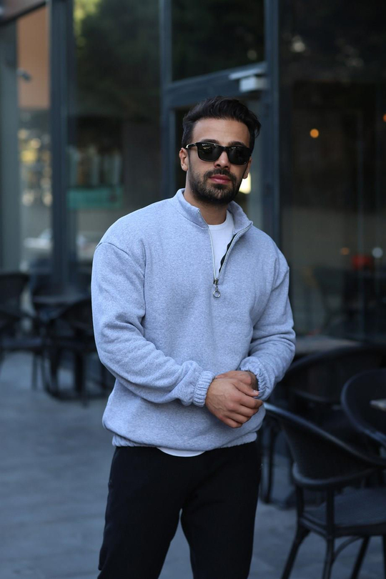 SWEATSHİRTGri A Kalite 3 İplik Lastikli Yarım Fermuarlı Sweat SC