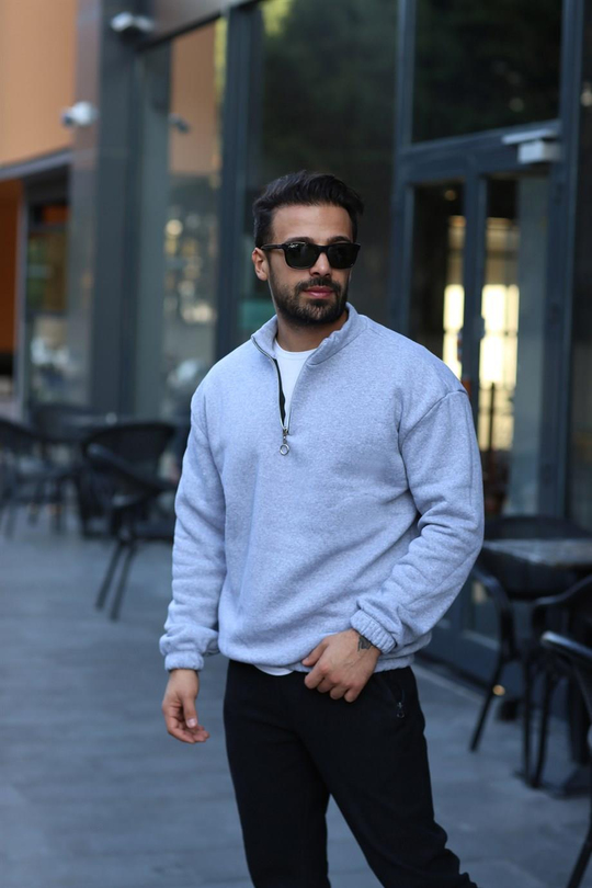 SWEATSHİRTGri A Kalite 3 İplik Lastikli Yarım Fermuarlı Sweat SC