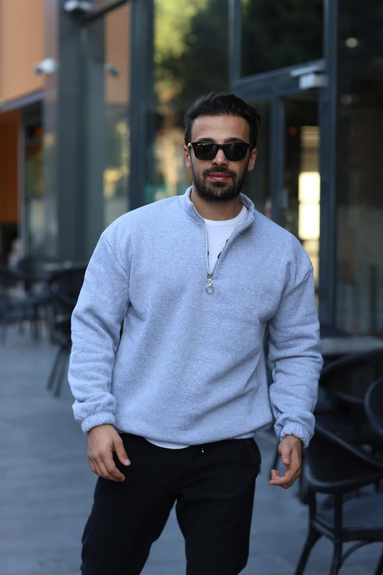 SWEATSHİRTGri A Kalite 3 İplik Lastikli Yarım Fermuarlı Sweat SC