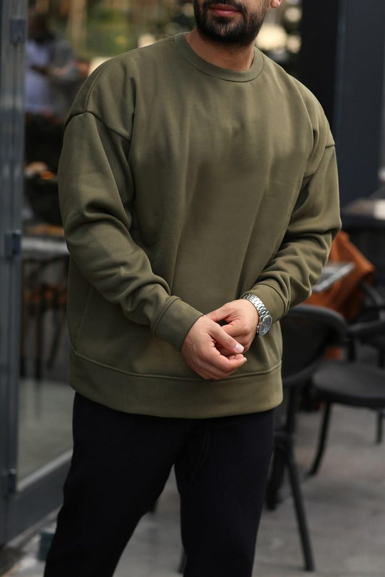 SWEATSHİRTHaki  3 İplik Bisiklet Yaka Hoodie  Sweatshirt SC