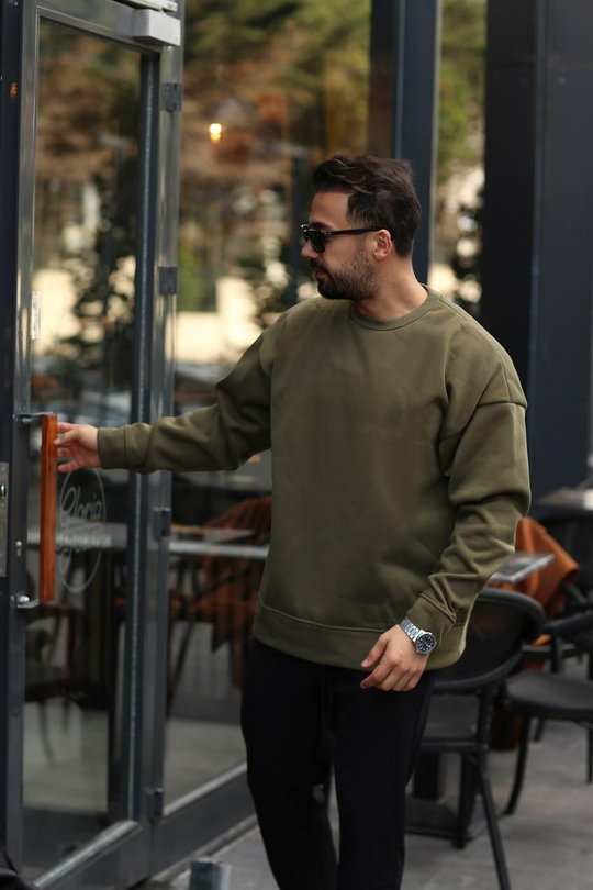 SWEATSHİRTHaki  3 İplik Bisiklet Yaka Hoodie  Sweatshirt SC