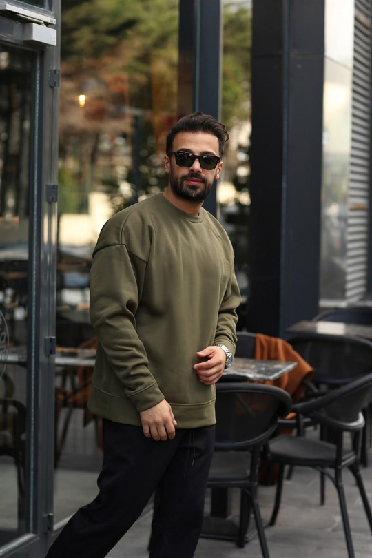 SWEATSHİRTHaki  3 İplik Bisiklet Yaka Hoodie  Sweatshirt SC
