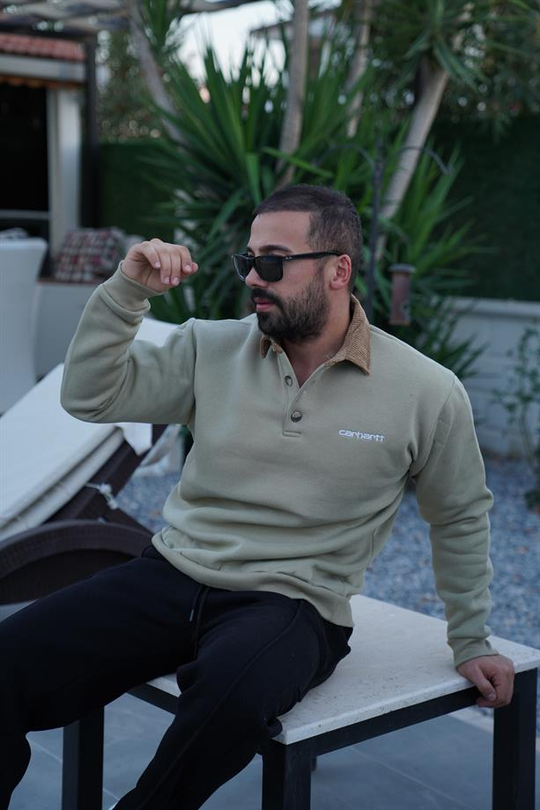 SWEATSHİRTHaki Yaka Kadife 3 İplik Çift Düğmeli Sweatshirt SNZ 8311