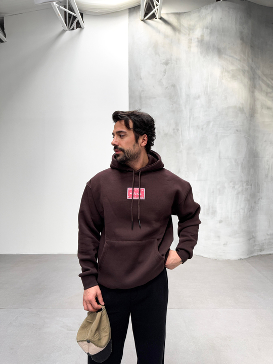 SWEATSHİRTKahve 3 İplik Oversize Kırmızı Halı Kapşonlu Sweatshirt PLZ