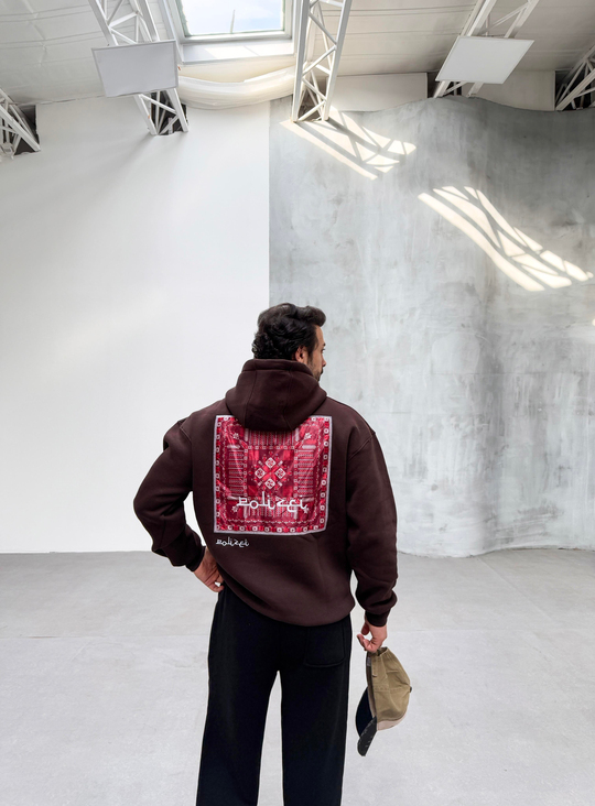 SWEATSHİRTKahve 3 İplik Oversize Kırmızı Halı Kapşonlu Sweatshirt PLZ