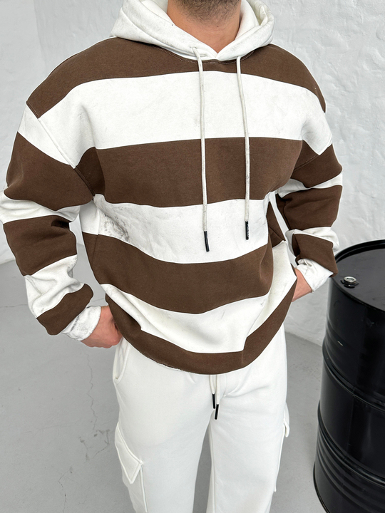 SWEATSHİRTKahve Çizgili 3 İplik Kapşonlu Sweatshirt PLZ