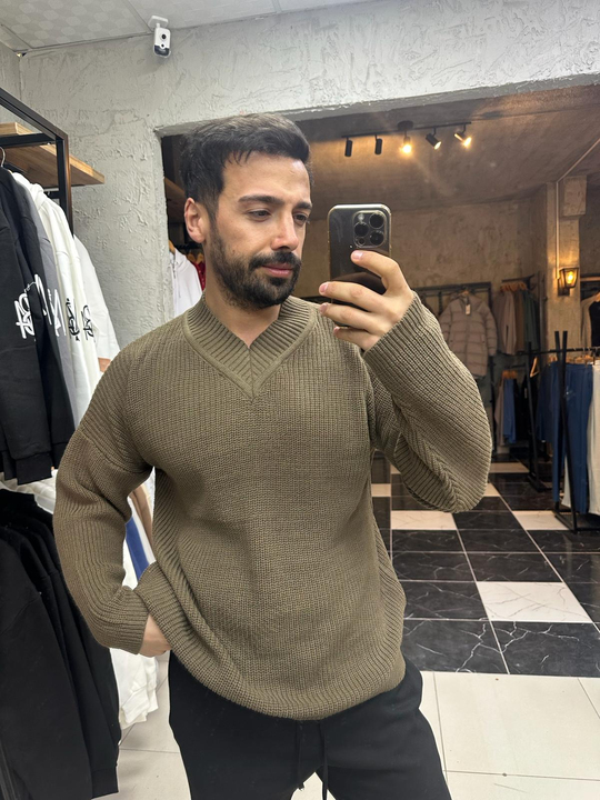 SWEATSHİRTKahve Örme Kalın Ribanalı V Yaka Kazak SNZ