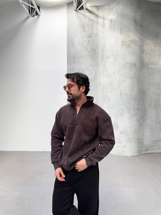 SWEATSHİRTKahve Yırtmaçlı Yarı Fermuarlı Sweatshirt PLZ