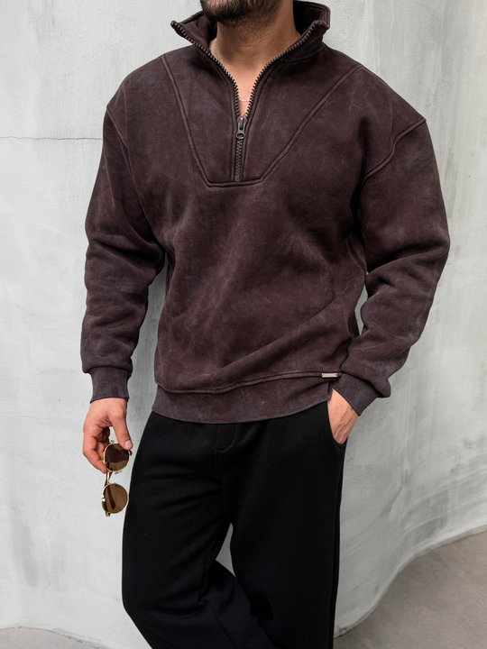 SWEATSHİRTKahve Yırtmaçlı Yarı Fermuarlı Sweatshirt PLZ