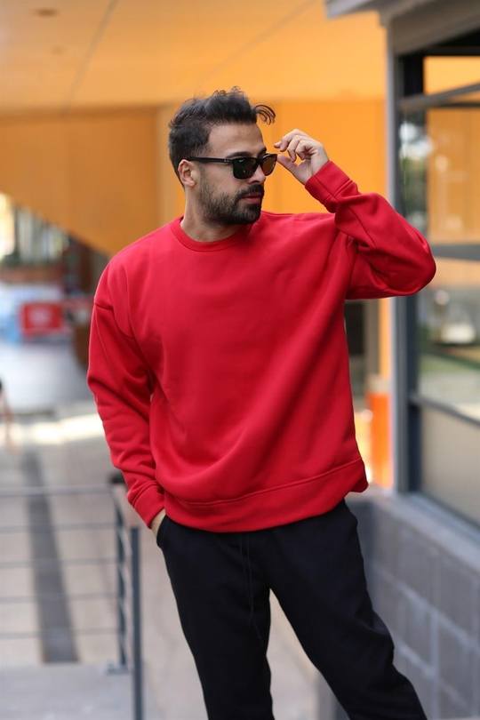 SWEATSHİRTKırmızı 3 İplik Bisiklet Yaka Hoodie  Sweatshirt SC