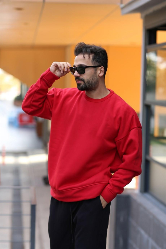 SWEATSHİRTKırmızı 3 İplik Bisiklet Yaka Hoodie  Sweatshirt SC