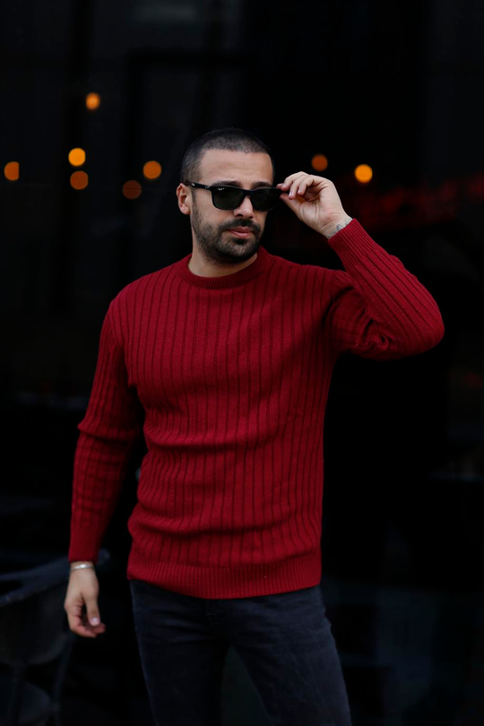 SWEATSHİRTKırmızı Bisiklet Yaka Düz Kazak TB 