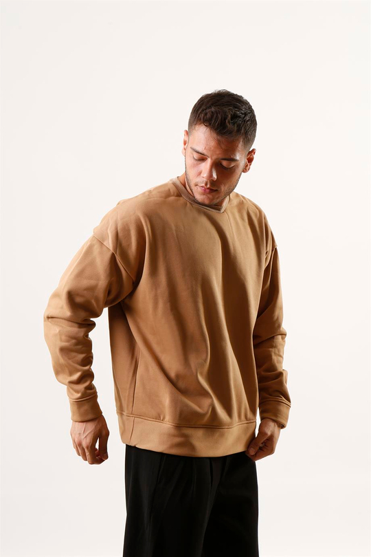 SWEATSHİRTKrem 3 İplik Oversize Bisiklet Yaka Hoodie SC