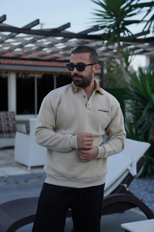SWEATSHİRTKrem Yaka Kadife 3 İplik Çift Düğmeli Sweatshirt SNZ 8311