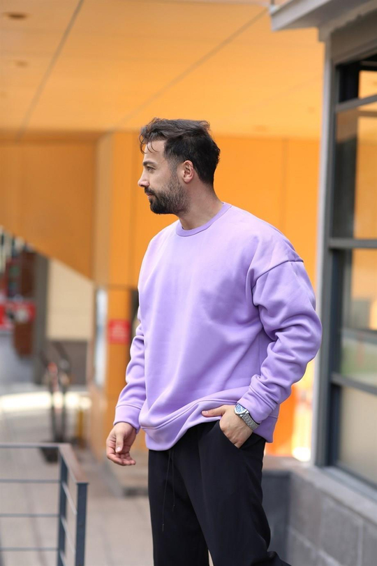 SWEATSHİRTLila 3 İplik Bisiklet Yaka Hoodie  Sweatshirt SC