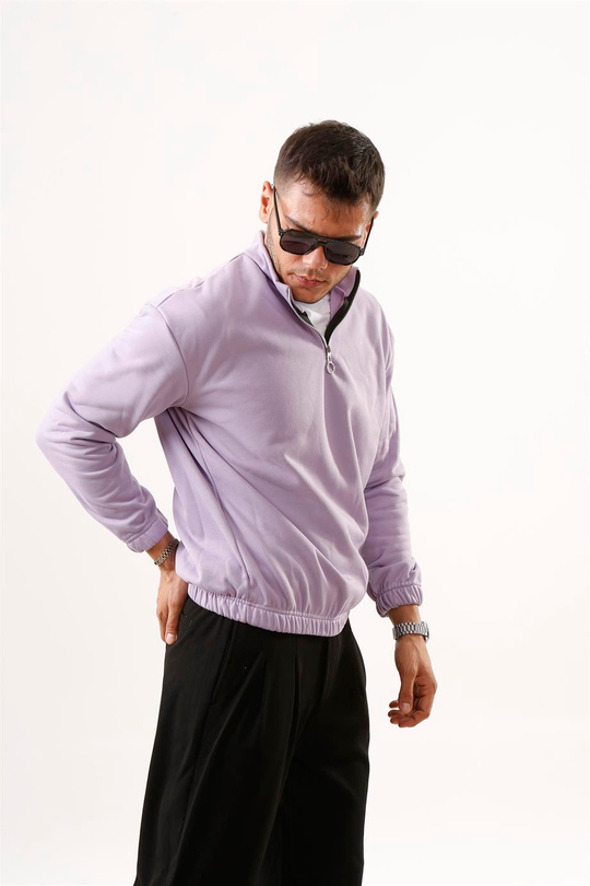 SWEATSHİRTLila 3 İplik Oversize Yarım Fermuarlı Lastikli Sweatshirt SC