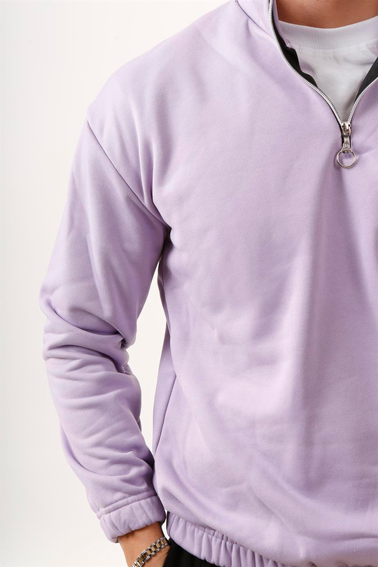 SWEATSHİRTLila 3 İplik Oversize Yarım Fermuarlı Lastikli Sweatshirt SC