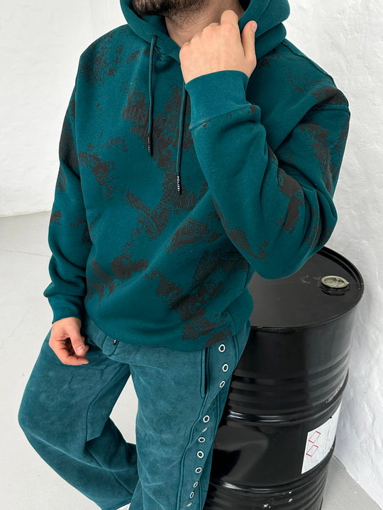 SWEATSHİRTPetrol WIN AGAIN Fosfor Baskılı Kapşonlu Sweatshirt PLZ