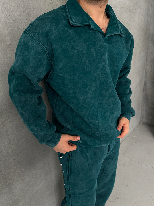 SWEATSHİRTPetrol Yıkamalı Düz Polo Yaka Sweatshirt PLZ