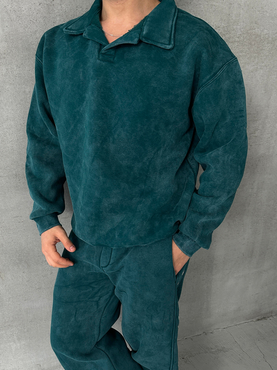 SWEATSHİRTPetrol Yıkamalı Düz Polo Yaka Sweatshirt PLZ
