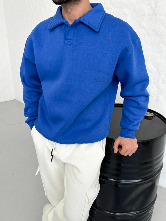 SWEATSHİRTSaksmavi 3 İplik Oversize Polo yaka PLZ