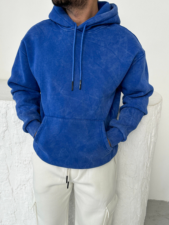 SWEATSHİRTSaksmavi 3 İplik Oversize Yıkamalı Kapşonlu Sweatshirt PLZ