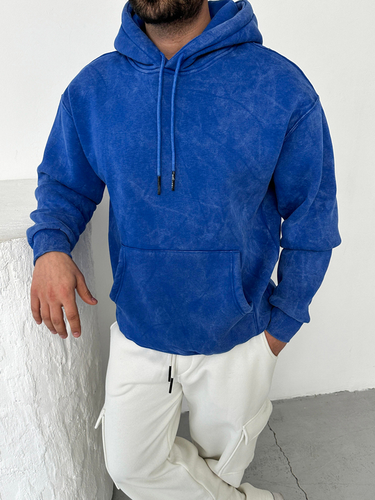 SWEATSHİRTSaksmavi 3 İplik Oversize Yıkamalı Kapşonlu Sweatshirt PLZ