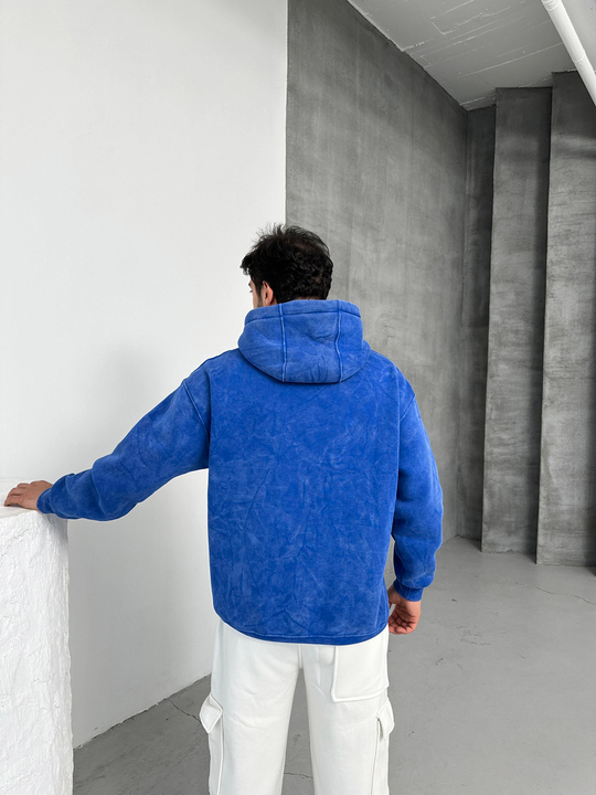SWEATSHİRTSaksmavi 3 İplik Oversize Yıkamalı Kapşonlu Sweatshirt PLZ