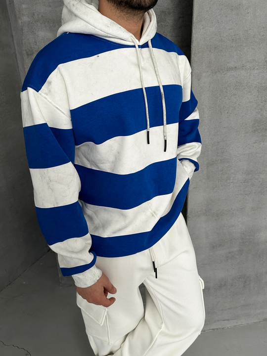 SWEATSHİRTSaksmavi Çizgili 3 İplik Kapşonlu Sweatshirt PLZ