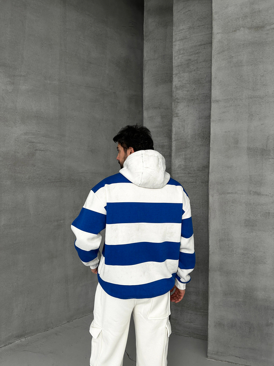 SWEATSHİRTSaksmavi Çizgili 3 İplik Kapşonlu Sweatshirt PLZ