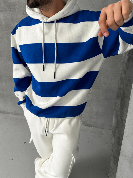 SWEATSHİRTSaksmavi Çizgili 3 İplik Kapşonlu Sweatshirt PLZ