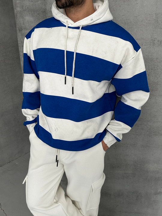 SWEATSHİRTSaksmavi Çizgili 3 İplik Kapşonlu Sweatshirt PLZ