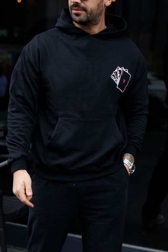 SWEATSHİRTSiyah 2 İplik İskambil Baskılı Kapşonlu Sweatshirt TB