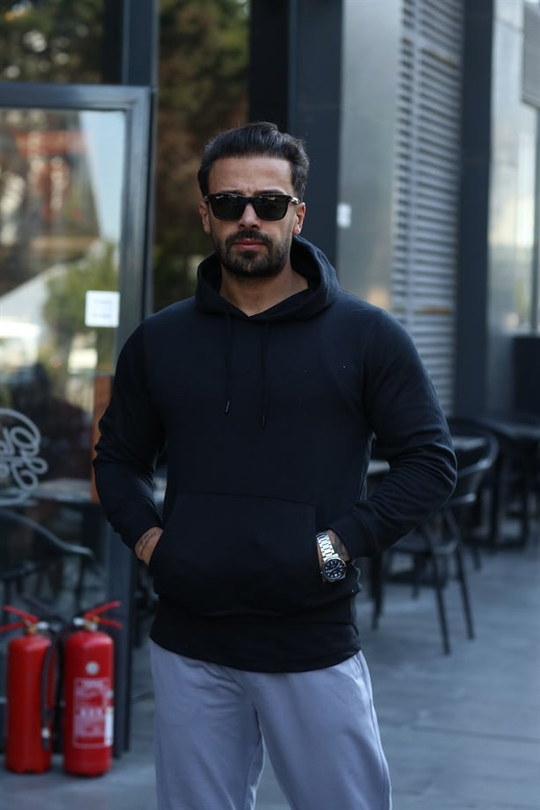 SWEATSHİRTSiyah 2 İplik Kapşonlu Şardonlu Bisiklet Yaka Sweatshirt 