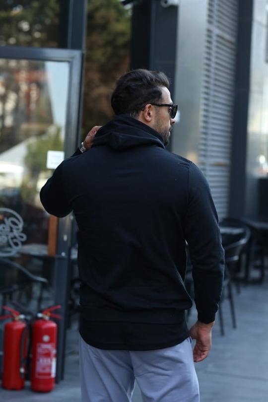 SWEATSHİRTSiyah 2 İplik Kapşonlu Şardonlu Bisiklet Yaka Sweatshirt 