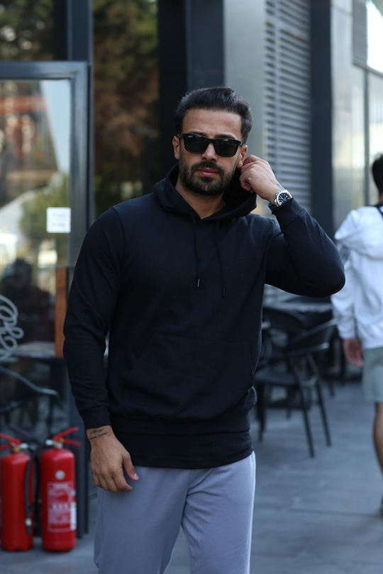 SWEATSHİRTSiyah 2 İplik Kapşonlu Şardonlu Bisiklet Yaka Sweatshirt 