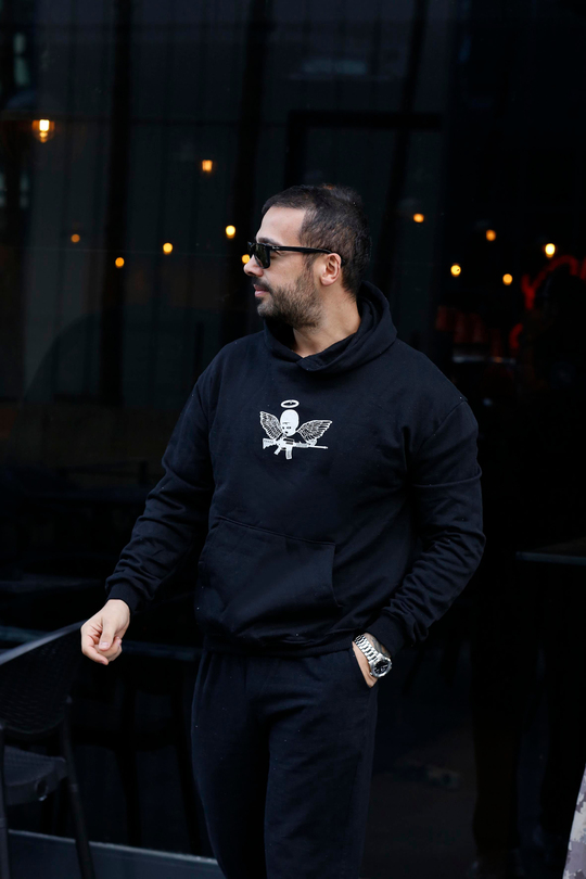 SWEATSHİRTSiyah 2 İplik MaskeliMelek Baskılı Kapşonlu Sweatshirt TB