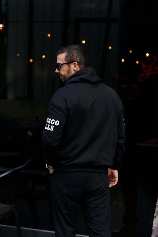 SWEATSHİRTSiyah 2 İplik YARIMCHICAGO Baskılı Kapşonlu Sweatshirt TB
