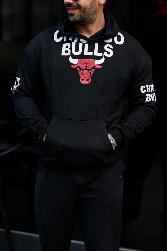 SWEATSHİRTSiyah 2 İplik YARIMCHICAGO Baskılı Kapşonlu Sweatshirt TB