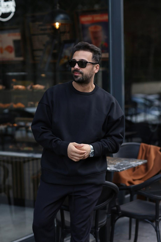 SWEATSHİRTSiyah 3 İplik Bisiklet Yaka Hoodie  Sweatshirt SC