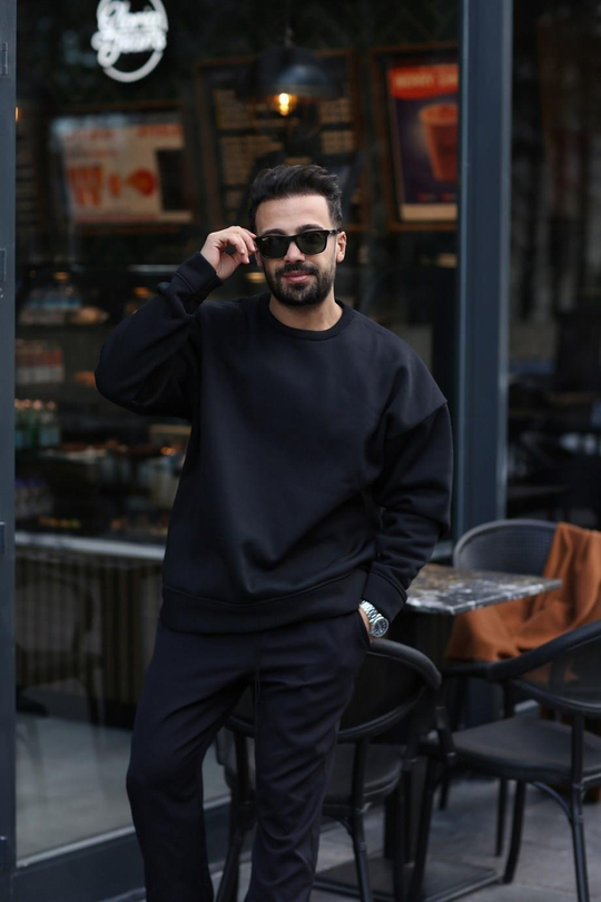 SWEATSHİRTSiyah 3 İplik Bisiklet Yaka Hoodie  Sweatshirt SC