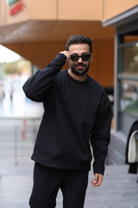 SWEATSHİRTSiyah 3 İplik Bisiklet Yaka Hoodie  Sweatshirt SC