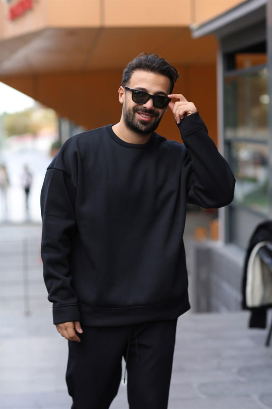 SWEATSHİRTSiyah 3 İplik Bisiklet Yaka Hoodie  Sweatshirt SC